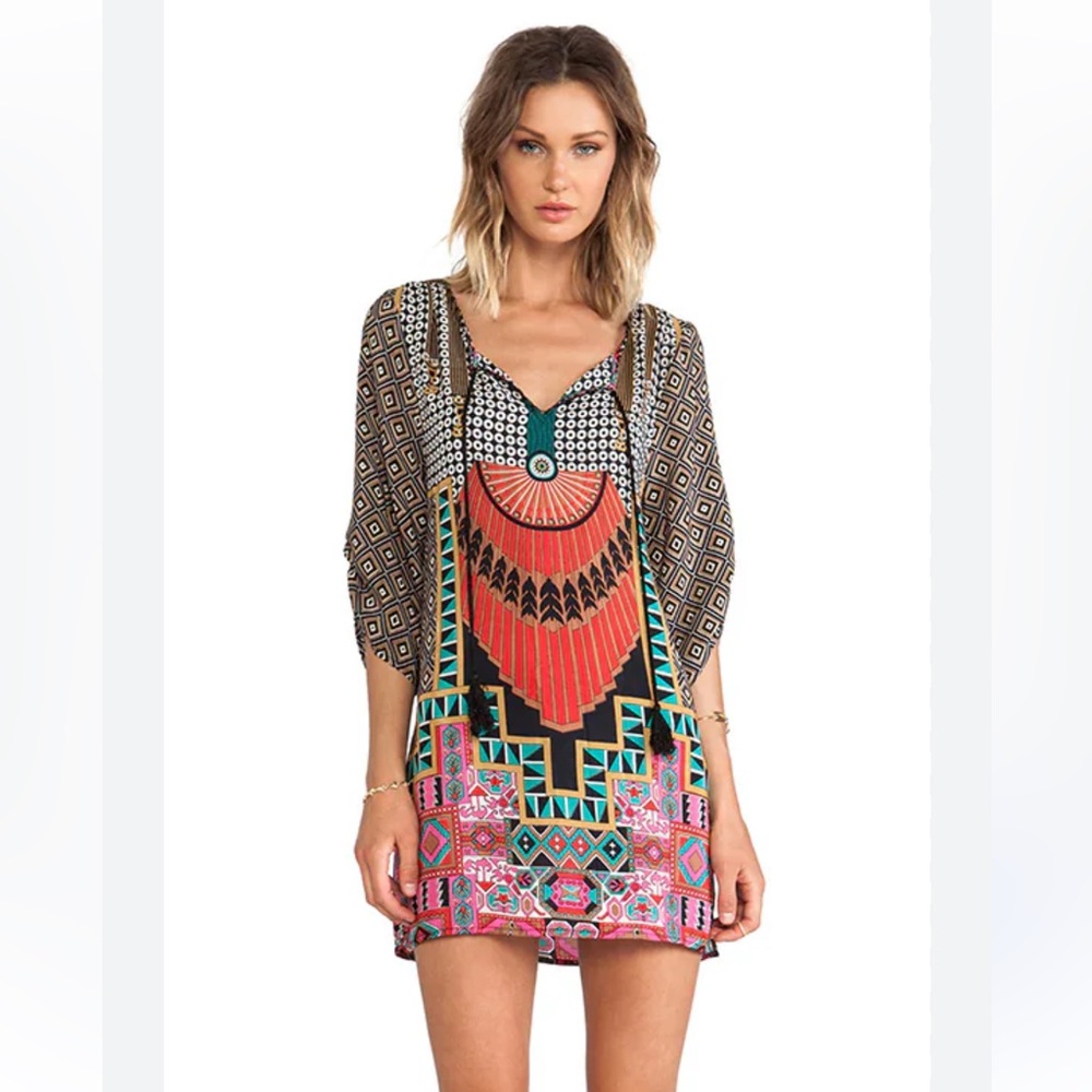 Revolve Tolani Bohemian Print Silk Dress Ruched Sleeve Mod/Art Deco Dress Sz XS